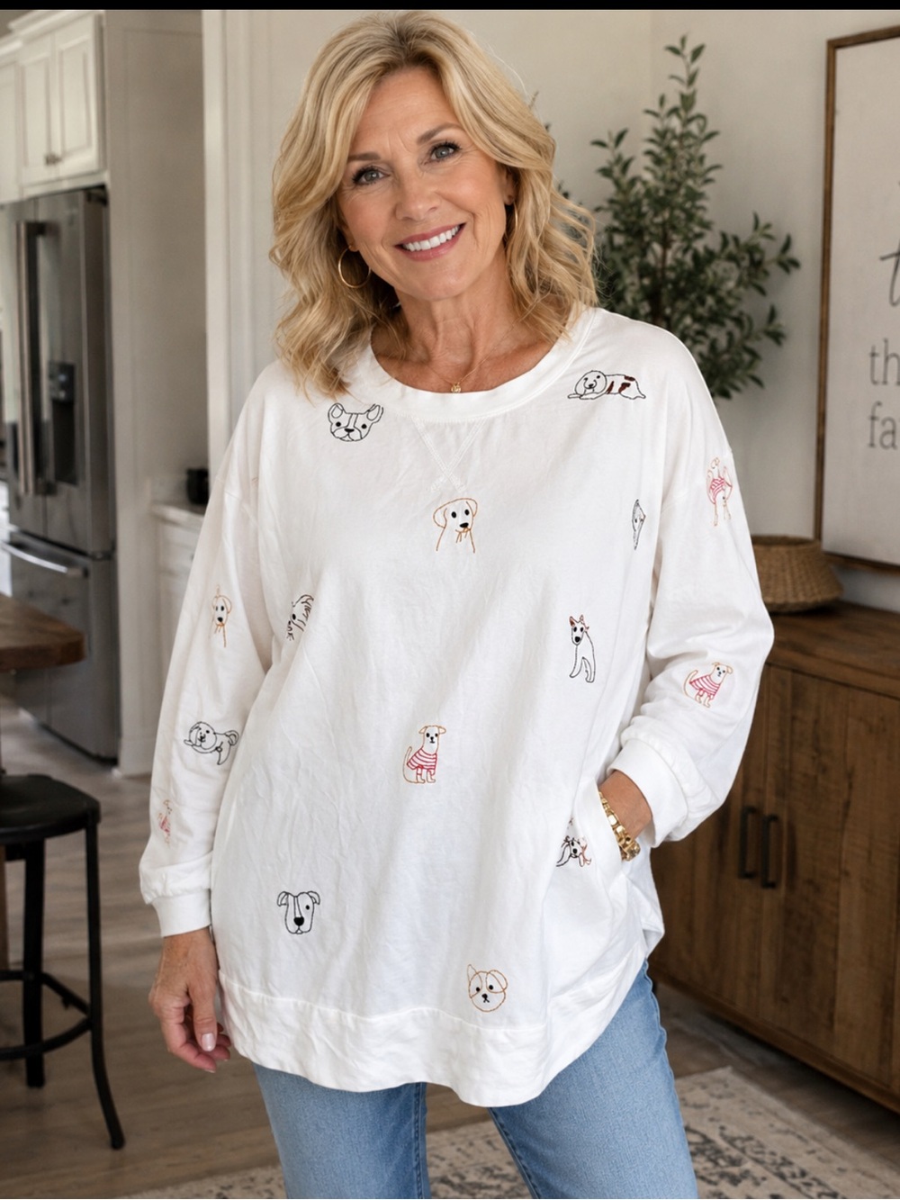 White Dog-Print Long Sleeve Pullover Top